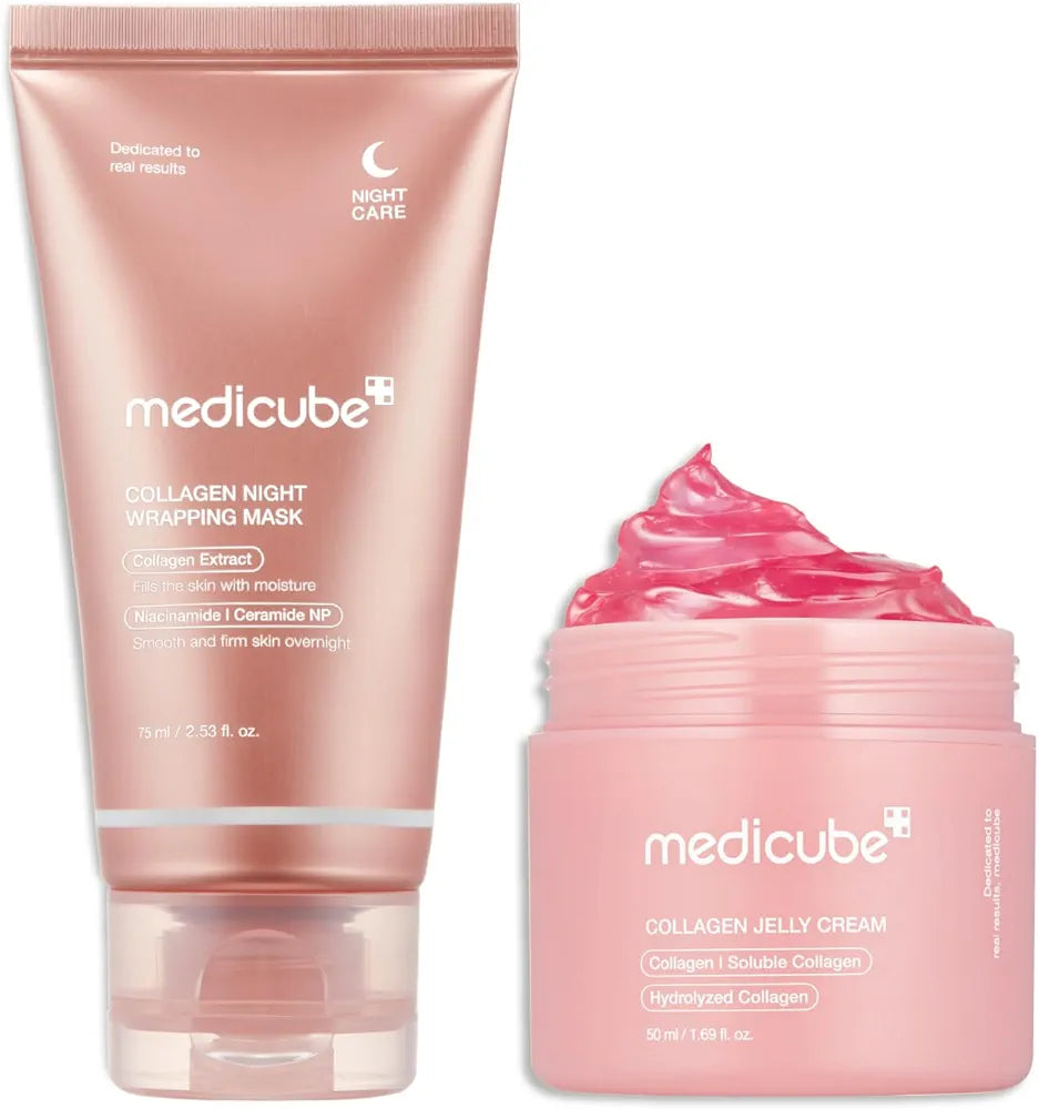 Korean Skincare Beauty Set - MEDICUBE Hydrolyzed Collagen Jelly Cream + Medicube Night Wrapping Mask